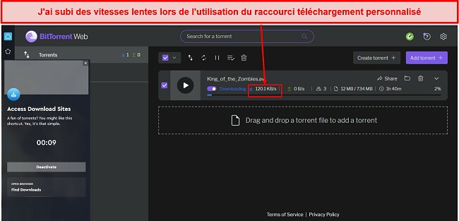 Capture d'écran de ClearVPN torrentant un titre de domaine public sur le serveur de téléchargement personnalisé