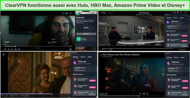 Une capture d'écran de ClearVPN débloquant également Disney +, Hulu, Amazon Prime Video et HBO Max