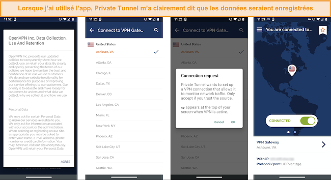 Capture d'écran de l'application de tunnel privé montrant la politique de collecte, d'utilisation et de conservation des données, y compris une fenêtre contextuelle qui révèle qu'une connexion réseau est surveillée.