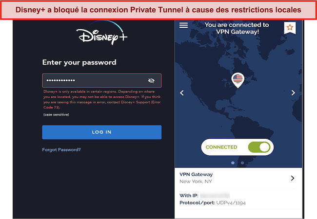 Capture d'écran de Disney + bloquant une connexion à un tunnel privé
