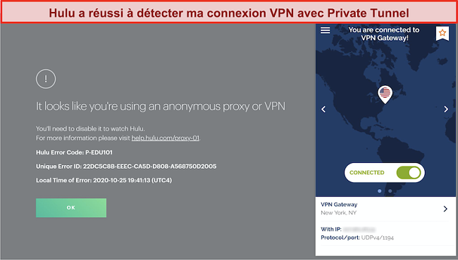 Capture d'écran de Hulu bloquant la connexion du VPN du tunnel privé