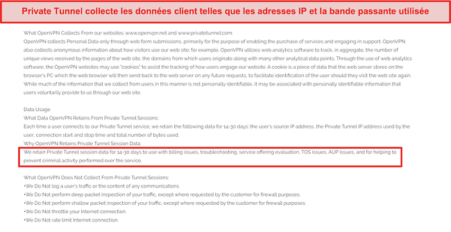 Capture d'écran de la politique de collecte, de conservation et d'utilisation des données de Private Tunnel.