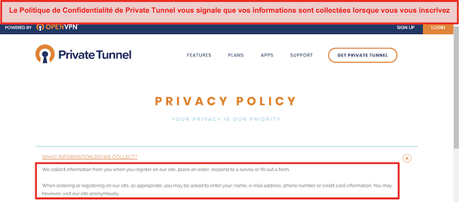 Capture d'écran de la politique de confidentialité de Private Tunnel