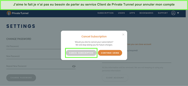 Capture d'écran du processus d'annulation de l'abonnement à Private Tunnel.