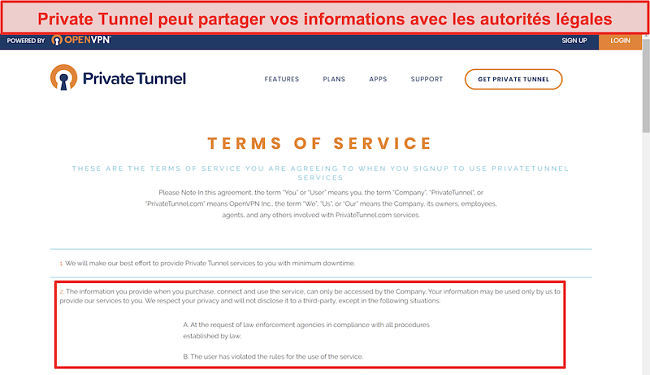 Capture d'écran des conditions d'utilisation de Private Tunnel