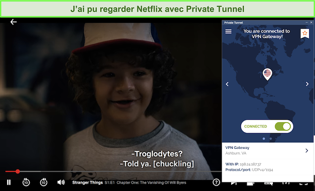 kuvakaappaus Netflixistä, joka pelaa Stranger Things -ohjelmaa ollessaan yhteydessä VA-palvelimeen