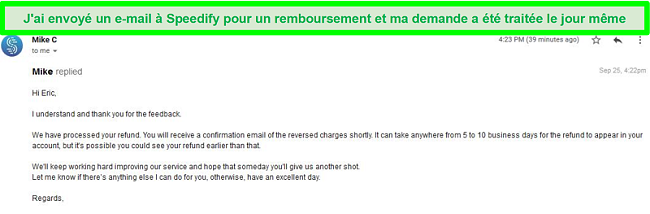 Capture d'écran d'un e-mail du support Speedify traitant une demande de remboursement