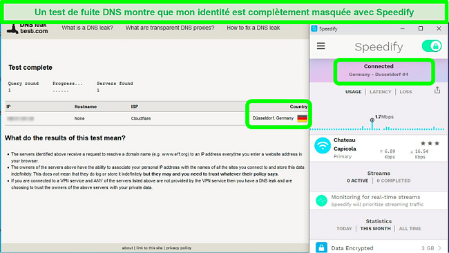 Capture d'écran d'un test de fuite DNS alors que Speedify est connecté à un serveur allemand