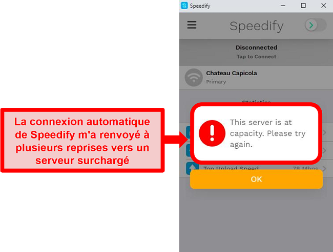 Capture d'écran de l'interface utilisateur de Speedify affichant un message d'erreur indiquant qu'un serveur est à pleine capacité