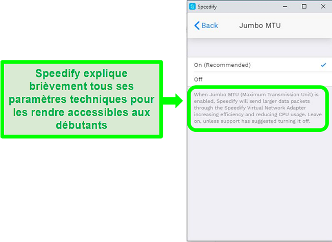 Capture d'écran d'une explication sous l'un des paramètres de Speedify