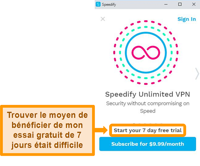 Capture d'écran de l'écran de démarrage de Speedify