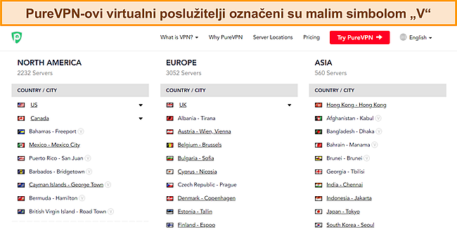 Snimak zaslona punog popisa poslužitelja PureVPN-a koji prikazuje simbol 