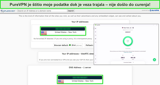 Snimka zaslona testa curenja s IPLeak.net koji ne pokazuje curenje podataka, s PureVPN-om povezanim s američkim poslužiteljem.