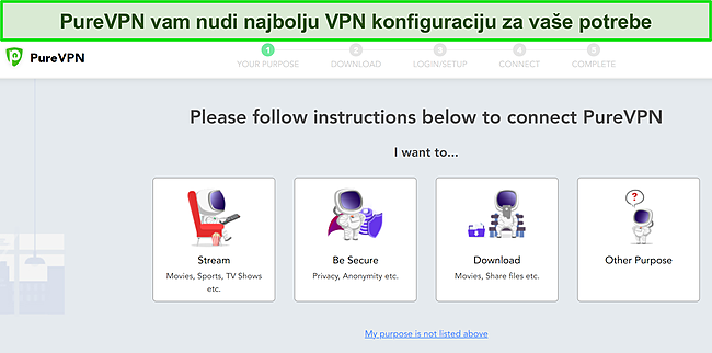 Snimka zaslona prilagođenih opcija instalacije PureVPN-a za različite upotrebe VPN-a.