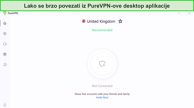 Snimka zaslona Windows aplikacije PureVPN koja prikazuje njezino čisto i jednostavno sučelje.