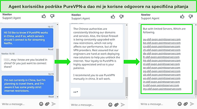 Snimka zaslona PureVPN chata uživo koji odgovara na pitanja o ručnom povezivanju s poslužiteljima iz Kine.