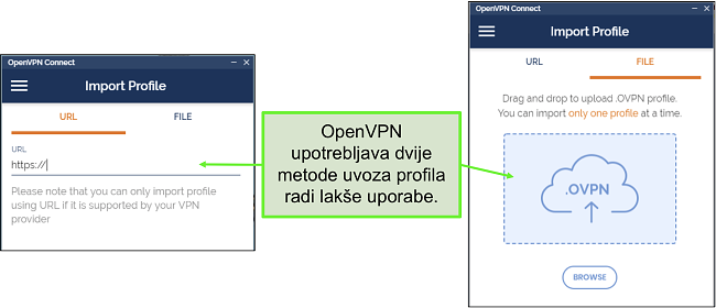 Snimka zaslona dva načina na koja možete uvesti profile poslužitelja u korisničko sučelje OpenVPN.