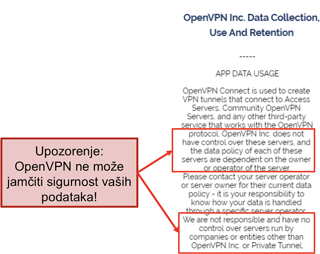 snimka zaslona politike privatnosti OpenVPN-a.