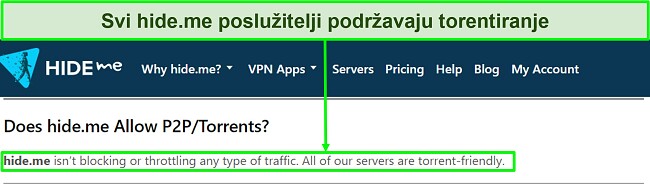 Snimka zaslona hide.me FAQ koja potvrđuje da VPN podržava torrenting