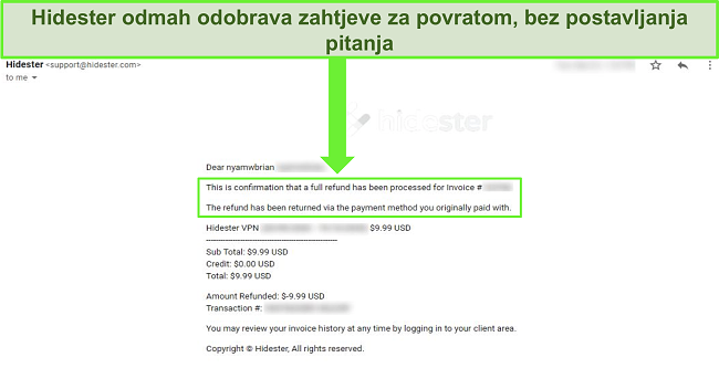 Snimka zaslona podrške tvrtke Hidester koja odobrava povrat novca