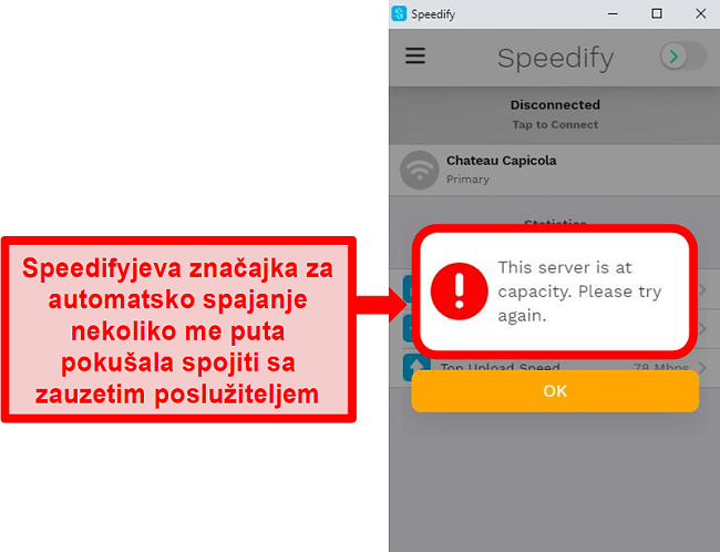 Snimka zaslona korisničkog sučelja Speedifyja koja prikazuje poruku o pogrešci da je poslužitelj kapaciteta