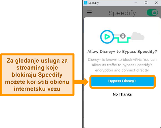 Snimka zaslona korisničkog sučelja Speedifyja koja prikazuje opciju zaobilaženja za Disney +