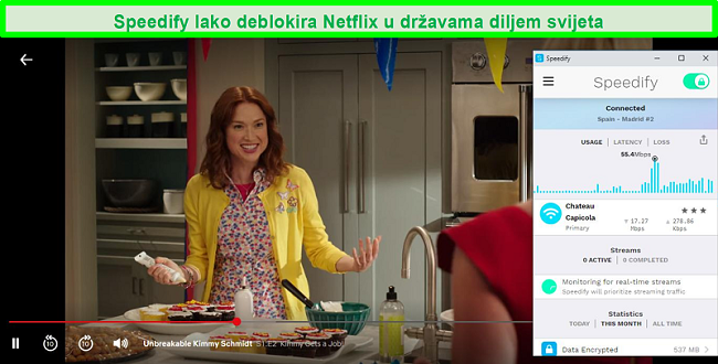Snimka zaslona Netflixa kako igra Unbreakable Kimmy Schmidt dok je Speedify spojen na poslužitelj na španjolskom
