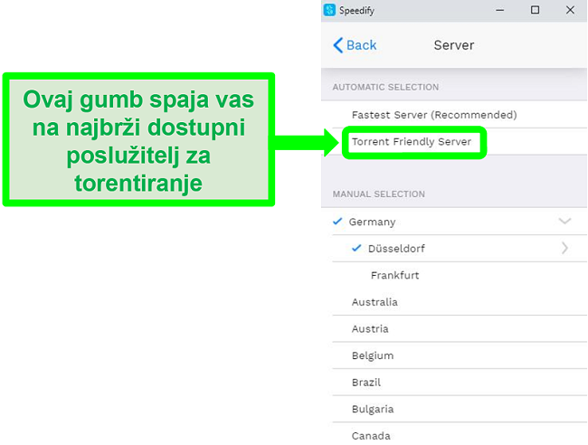 Snimka zaslona izbornika za odabir poslužitelja Speedifyja