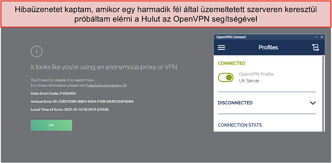 Pillanatkép a Hulu VPN hibáról, mellette megnyílt az OpenVPN alkalmazás.