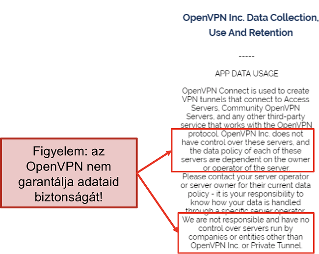 képernyőkép az OpenVPN adatvédelmi irányelveiről.