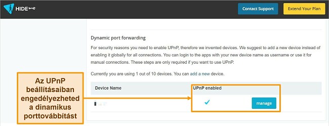 Képernyőkép a hide.me dinamikus porttovábbítási beállításairól