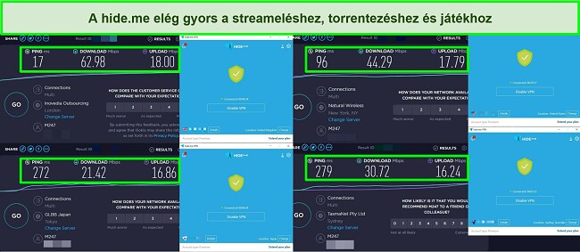 Képernyőképek 4 hide.me szerveren végrehajtott sebességtesztekről