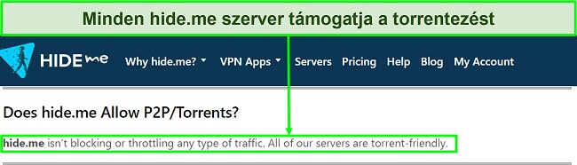 Képernyőkép a hide.me GYIK-ről, amely megerősíti, hogy a VPN támogatja a torrentezést