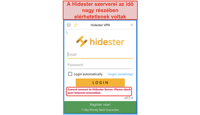 Pillanatkép arról, hogy a Hidester nem tud csatlakozni