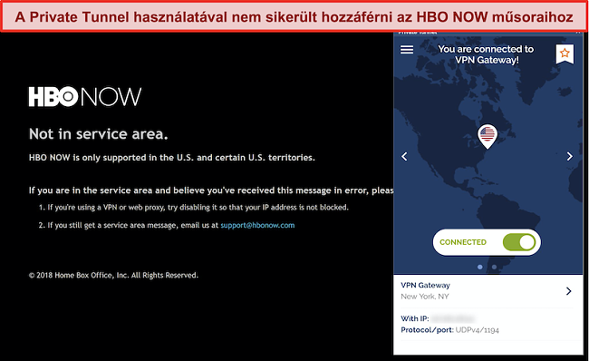 Pillanatkép arról, hogy az HBO MOST blokkolja a kapcsolatot a privát alagútból