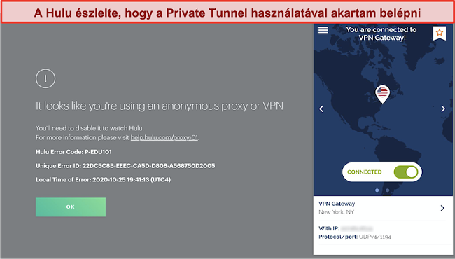 Pillanatkép arról, hogy Hulu blokkolja a Private Tunnel VPN kapcsolatát
