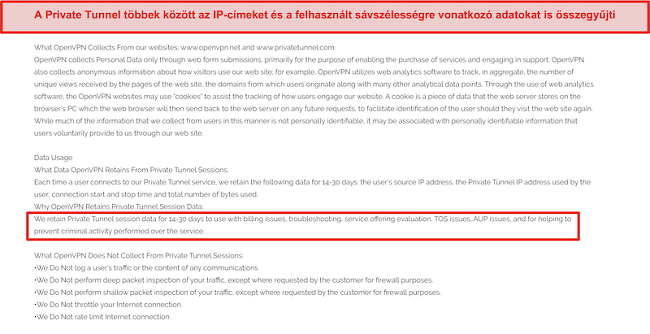 Pillanatkép a Private Tunnel adatgyűjtési, megőrzési és használati politikájáról.