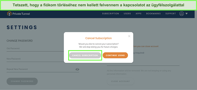 Pillanatkép a Private Tunnel előfizetési lemondási folyamatáról.