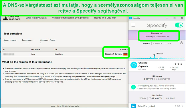 Pillanatkép egy DNS-szivárgástesztről, miközben a Speedify egy német szerverhez csatlakozik