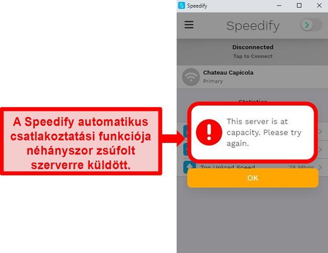 Pillanatkép a Speedify felhasználói felületéről, amely hibaüzenetet jelenít meg arról, hogy a szerver kapacitása van