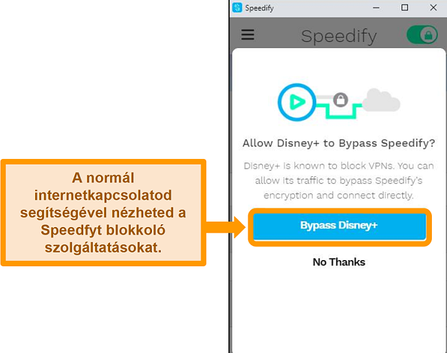 Pillanatkép a Speedify felhasználói felületéről, amely a Disney + bypass opcióját mutatja
