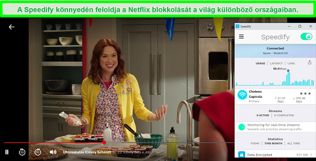 Pillanatkép arról, hogy a Netflix feltörhetetlen Kimmy Schmidt-t játszik, miközben a Speedify egy spanyol szerverhez csatlakozik