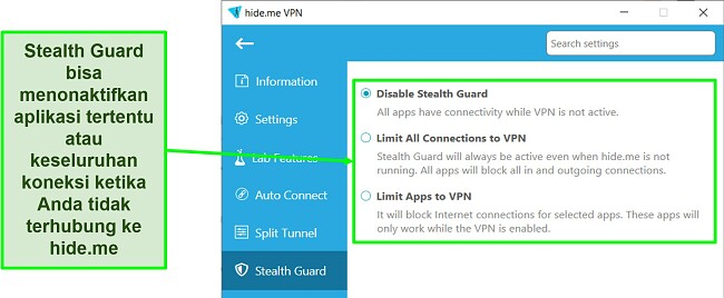 Tangkapan layar pengaturan Stealth Guard di aplikasi Windows hide.me