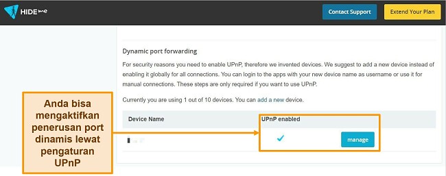 Tangkapan layar pengaturan penerusan port dinamis hide.me