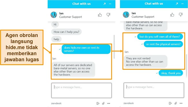 Tangkapan layar percakapan obrolan langsung dengan agen hide.me