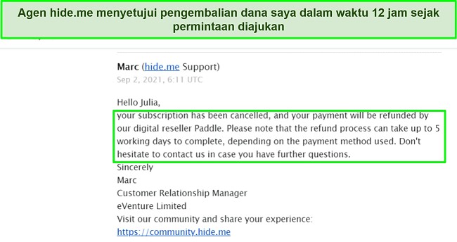 Tangkapan layar email yang menyetujui pengembalian dana dari hide.me