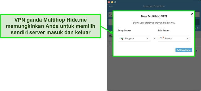 Cuplikan layar membuat koneksi VPN ganda Multihop di aplikasi MacOS hide.me