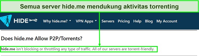 Tangkapan layar FAQ hide.me yang mengonfirmasi bahwa VPN mendukung torrent
