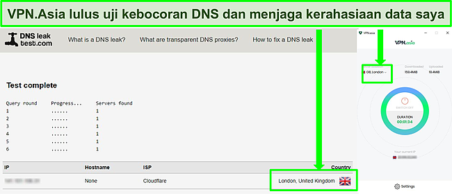 Tangkapan layar tes kebocoran DNS yang berhasil saat VPN.Asia terhubung ke server di Inggris.