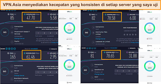 Tangkapan layar hasil tes kecepatan VPN.Asia.